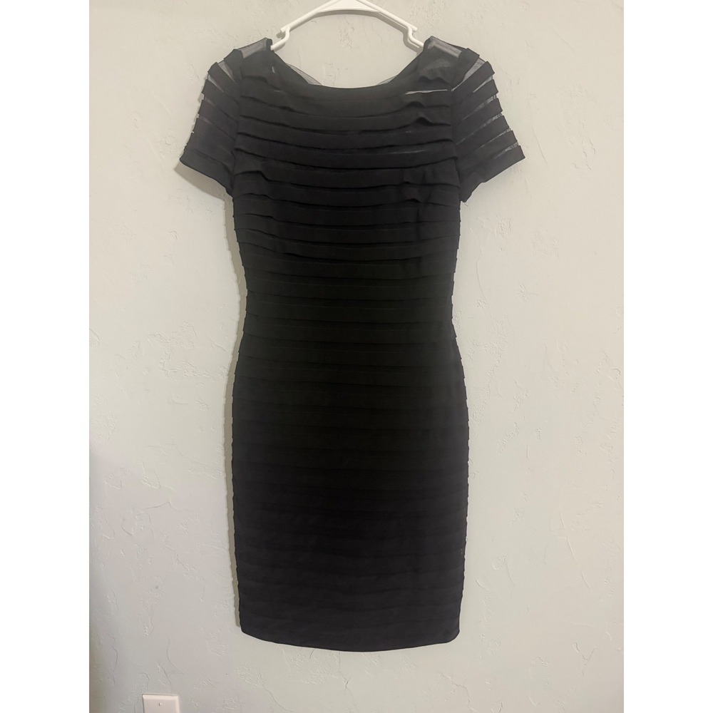 Adrianna Papell Black Tiered Ribbon Mesh Sheath Cocktail Dress 4